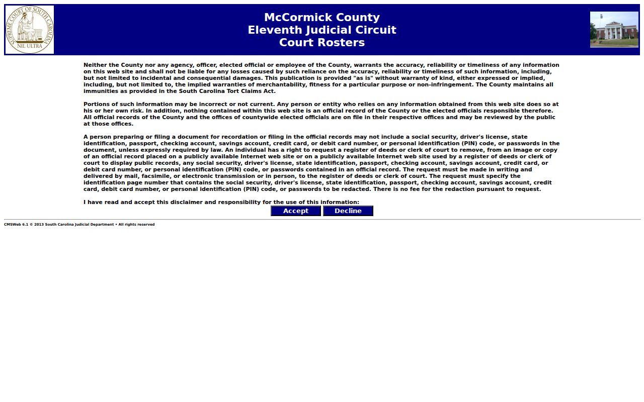 McCormick County Public Index court roster for warrant record searches