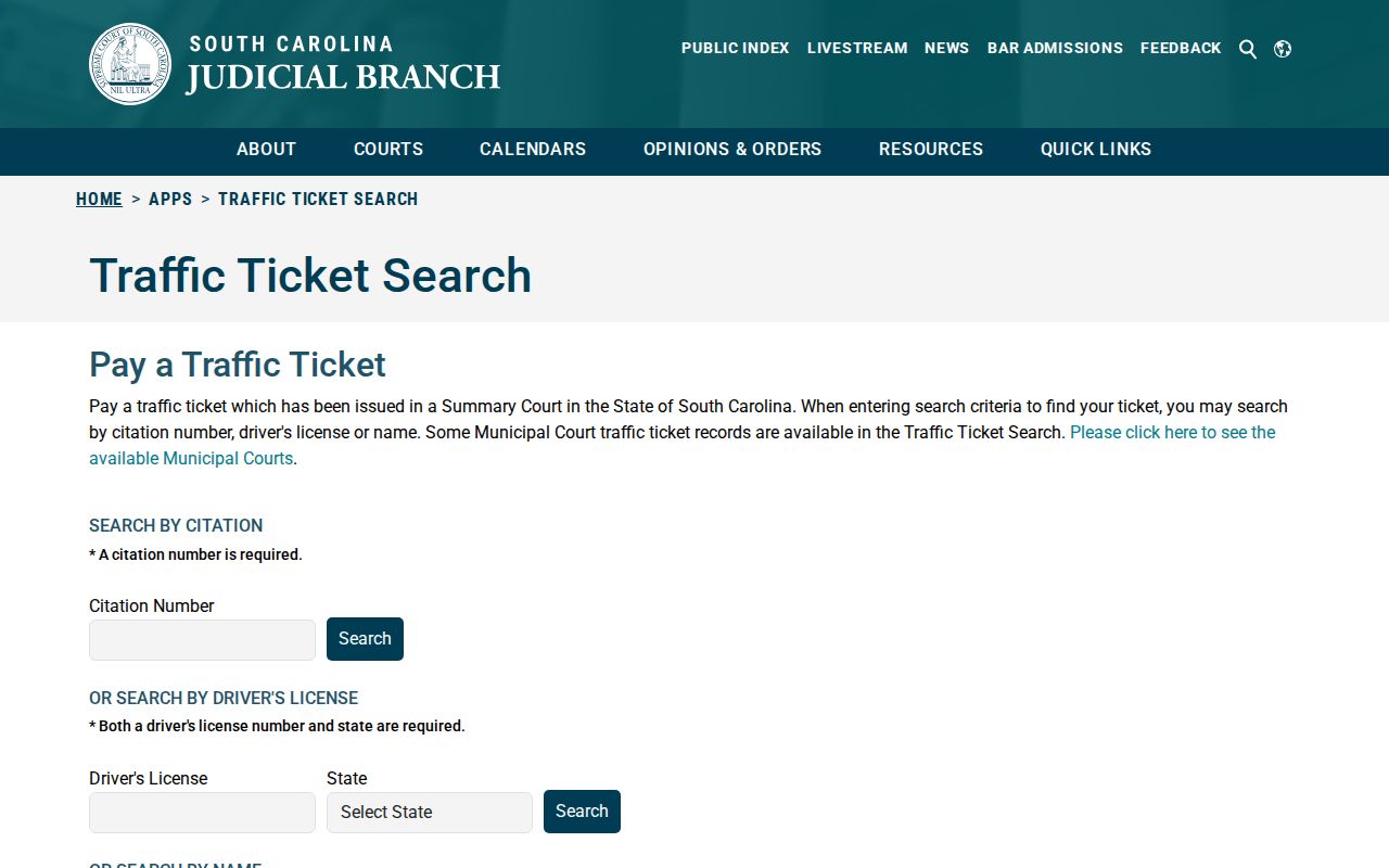 McCormick County traffic warrant lookup fields for citation and driver search