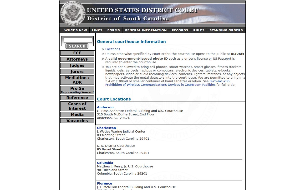 McCormick County federal warrant route and District of South Carolina courthouse locations